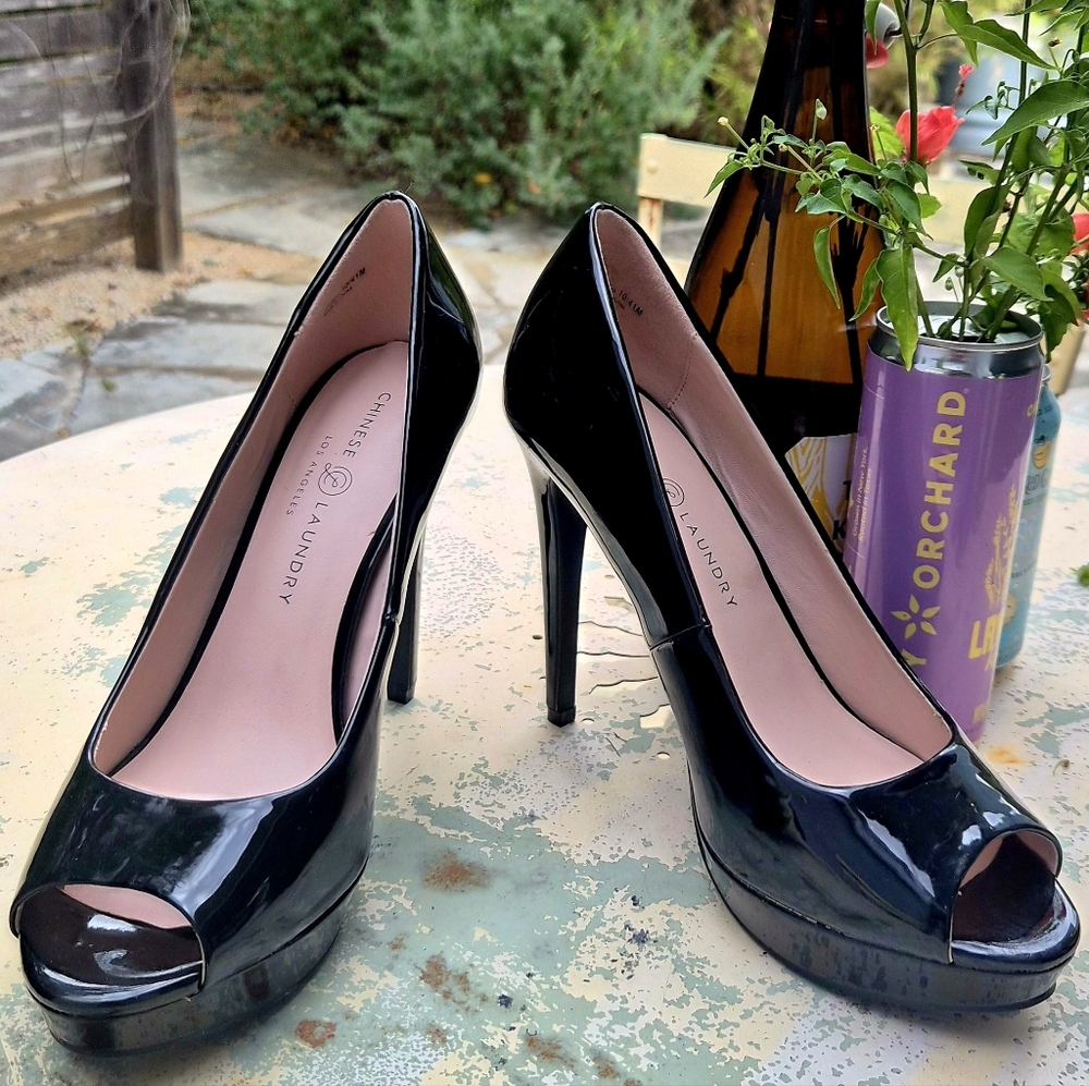 Chinese Laundry Glossy Black Peep-Toe Heels